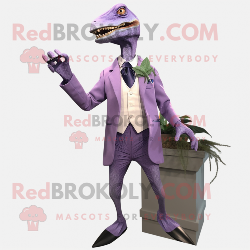 Lavender Velociraptor mascot costume character dressed with a Suit Jacket and Shoe clips