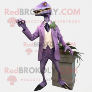 Lavender Velociraptor mascot costume character dressed with a Suit Jacket and Shoe clips