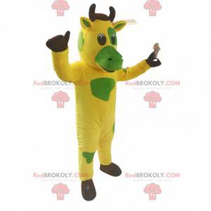 Mascote da vaca amarela e verde. Traje de vaca amarelo e verde