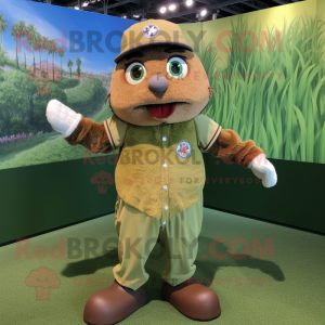 Olive Scarecrow mascot costume character dressed with a Baseball Tee and Hairpins