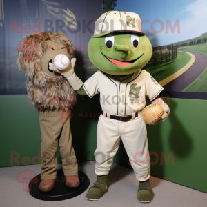 Olive Scarecrow mascot costume character dressed with a Baseball Tee and Hairpins