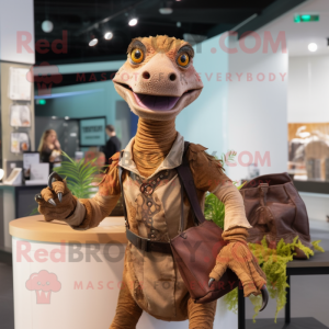 Brown Deinonychus mascot costume character dressed with a Playsuit and Handbags