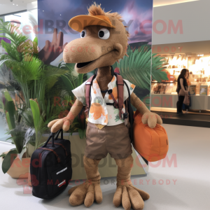 Brown Deinonychus mascot costume character dressed with a Playsuit and Handbags