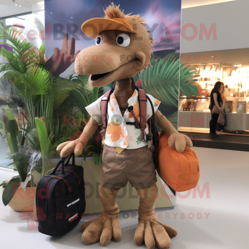 Brown Deinonychus mascot costume character dressed with a Playsuit and Handbags Brown Deinonychus mascot costume character dressed with a Playsuit and Handbags