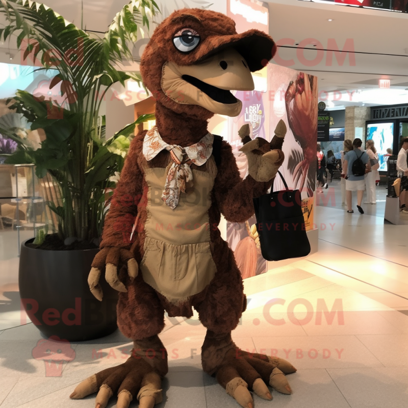 Brown Deinonychus mascot costume character dressed with a Playsuit and Handbags Brown Deinonychus mascot costume character dressed with a Playsuit and Handbags