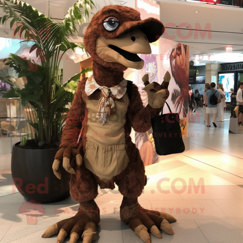 Brown Deinonychus mascot costume character dressed with a Playsuit and Handbags