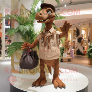 Brown Deinonychus mascot costume character dressed with a Playsuit and Handbags