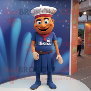 Navy Tikka Masala mascot costume character dressed with a Oxford Shirt and Necklaces