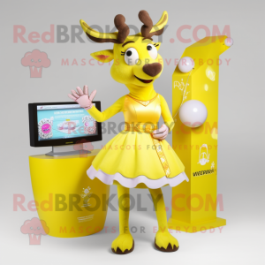 Lemon Yellow Reindeer mascot costume character dressed with a Skirt and Rings