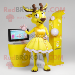 Lemon Yellow Reindeer mascot costume character dressed with a Skirt and Rings