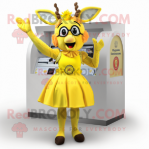 Lemon Yellow Reindeer mascot costume character dressed with a Skirt and Rings