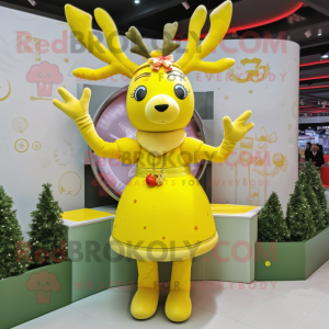 Lemon Yellow Reindeer mascot costume character dressed with a Skirt and Rings