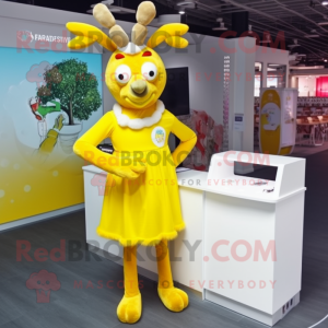 Lemon Yellow Reindeer mascot costume character dressed with a Skirt and Rings