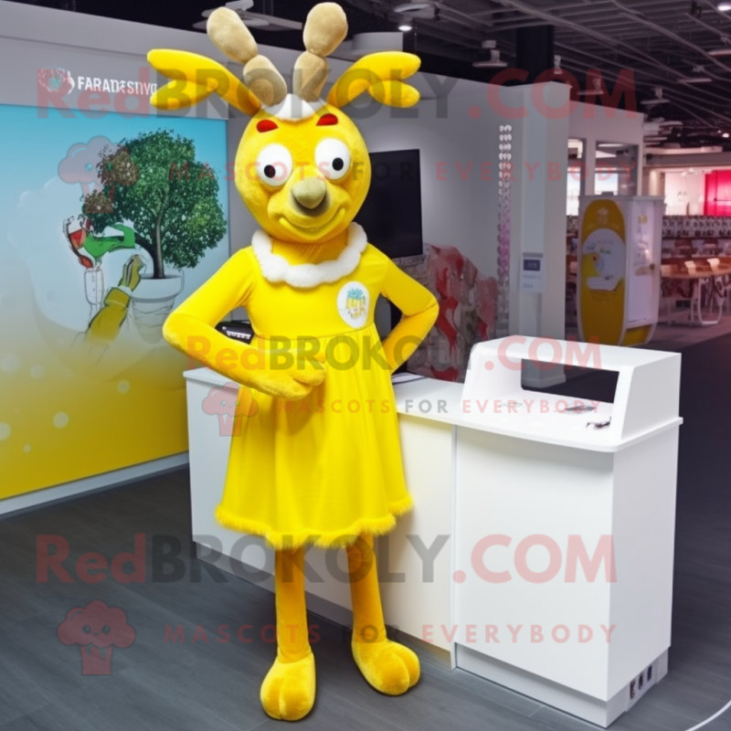 Lemon Yellow Reindeer mascot costume character dressed with a Skirt and Rings Lemon Yellow Reindeer mascot costume character dressed with a Skirt and Rings