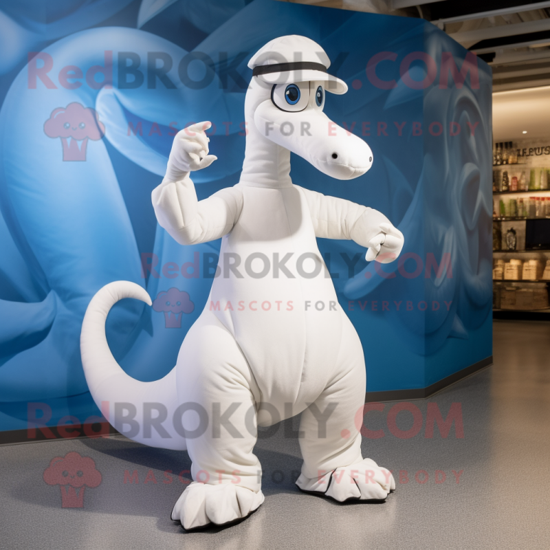 White Brachiosaurus mascot costume character dressed with a Capri Pants and Hats White Brachiosaurus mascot costume character dressed with a Capri Pants and Hats