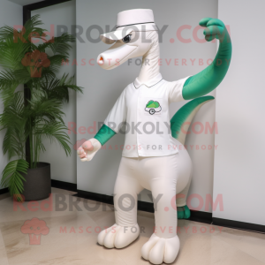 White Brachiosaurus mascot costume character dressed with a Capri Pants and Hats