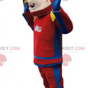 Biker mascot in red and blue outfit. Biker costume -