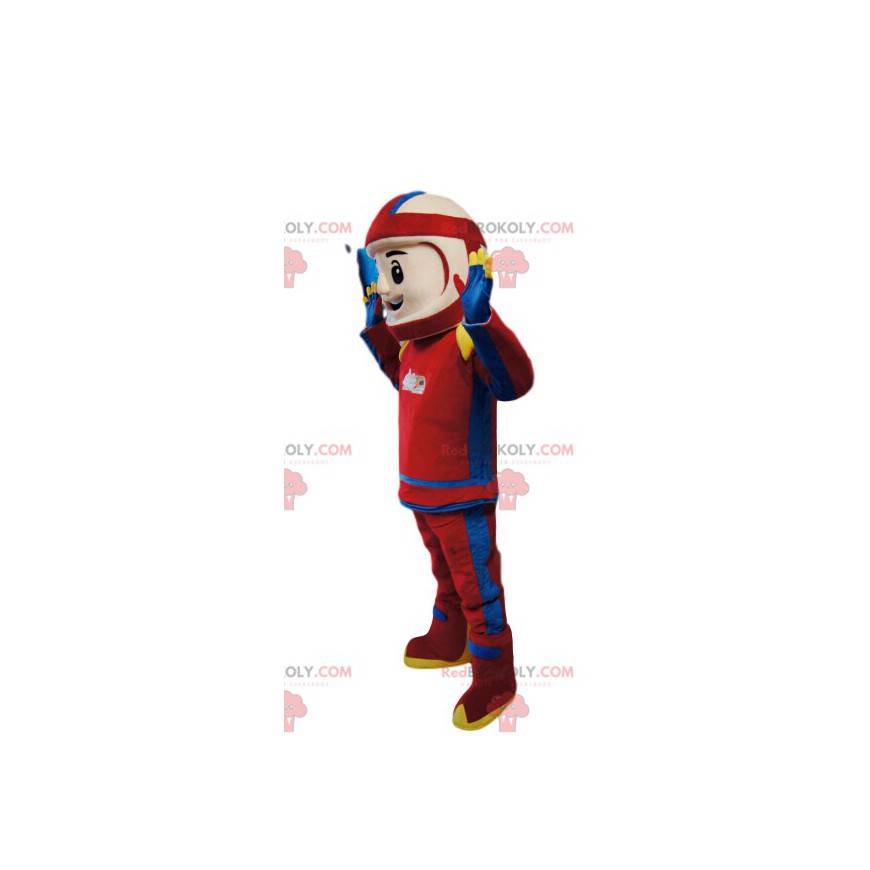 Biker mascot in red and blue outfit. Biker costume -