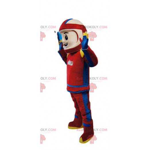 Biker mascot in red and blue outfit. Biker costume -