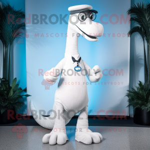 White Brachiosaurus mascot costume character dressed with a Capri Pants and Hats