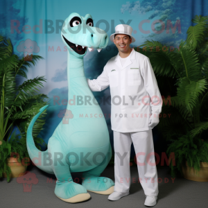 White Brachiosaurus mascot costume character dressed with a Capri Pants and Hats