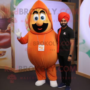 Peach Tikka Masala mascot costume character dressed with a Overalls and Rings