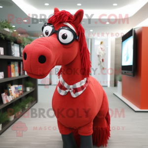 Red Horse mascot costume character dressed with a Sweater and Eyeglasses