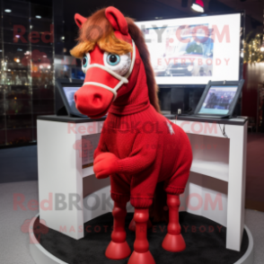 Red Horse mascot costume character dressed with a Sweater and Eyeglasses