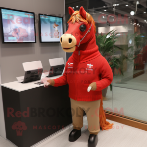 Red Horse mascot costume character dressed with a Sweater and Eyeglasses