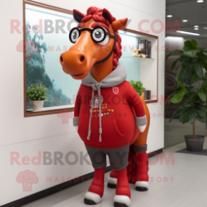 Red Horse mascot costume character dressed with a Sweater and Eyeglasses