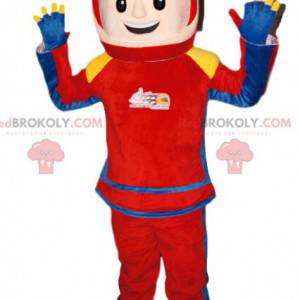 Biker mascot in red and blue outfit. Biker costume -