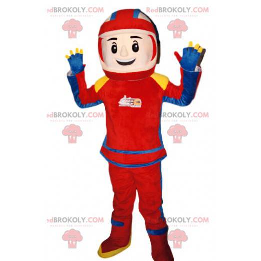 Biker mascot in red and blue outfit. Biker costume -