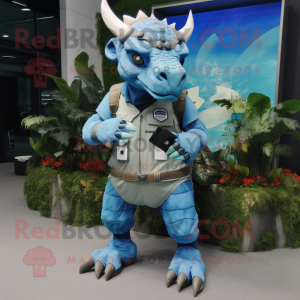 Sky Blue Triceratops mascot costume character dressed with a Cargo Pants and Digital watches