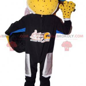 Mascotte de léopard jaune en tenue de motard. Costume de