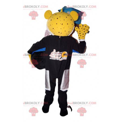 Mascot yellow leopard in biker outfit. Leopard costume. -