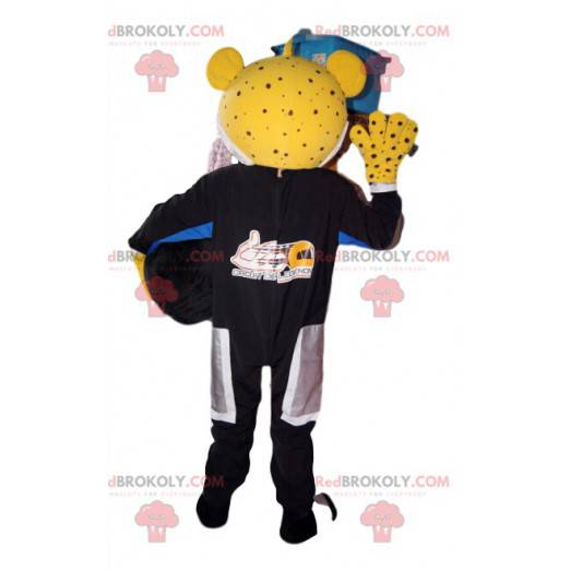 Maskottchen gelber Leopard im Bikeroutfit. Leopardenkostüm. -