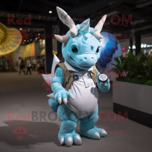 Sky Blue Triceratops mascot costume character dressed with a Cargo Pants and Digital watches