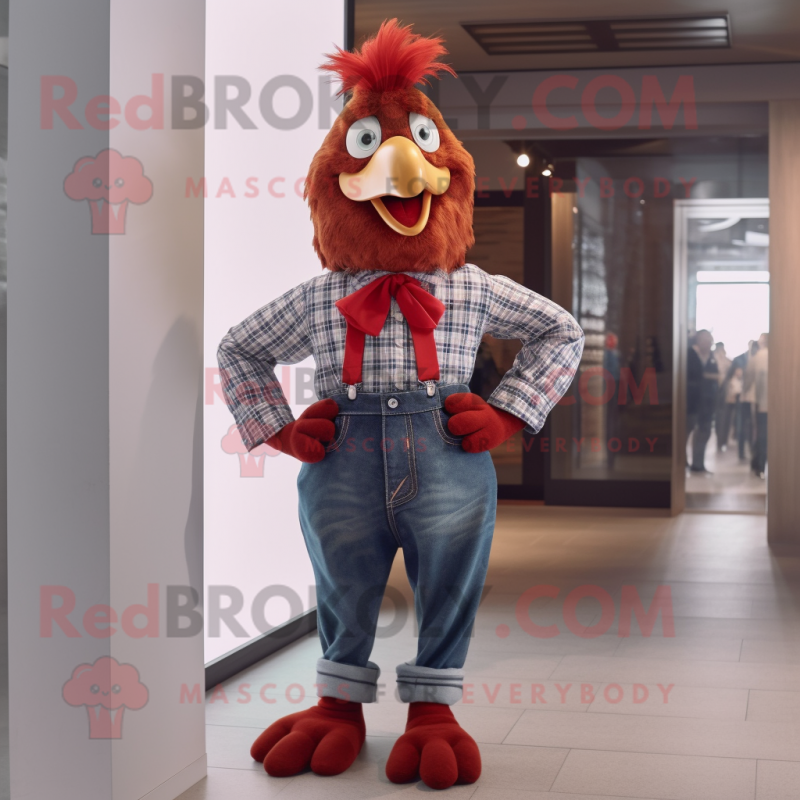 Red Rooster mascot costume character dressed with a Boyfriend Jeans and Bow ties