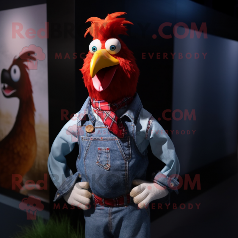 Red Rooster mascot costume character dressed with a Boyfriend Jeans and Bow ties Red Rooster mascot costume character dressed with a Boyfriend Jeans and Bow ties