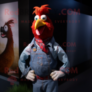 Red Rooster mascot costume character dressed with a Boyfriend Jeans and Bow ties