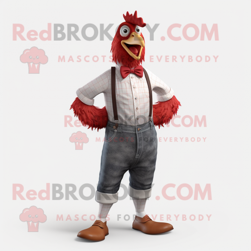 Red Rooster mascot costume character dressed with a Boyfriend Jeans and Bow ties