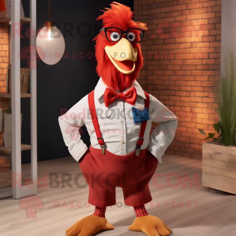 Red Rooster mascot costume character dressed with a Boyfriend Jeans and Bow ties Red Rooster mascot costume character dressed with a Boyfriend Jeans and Bow ties