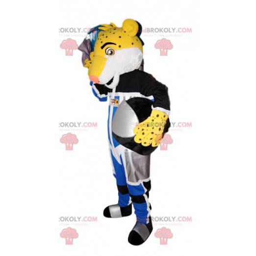 Maskottchen gelber Leopard im Bikeroutfit. Leopardenkostüm. -