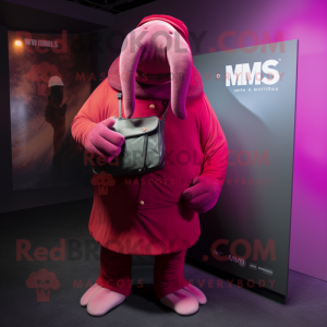 Magenta Walrus mascot costume character dressed with a Waistcoat and Backpacks