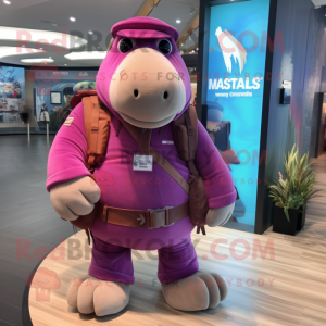 Magenta Walrus mascot costume character dressed with a Waistcoat and Backpacks