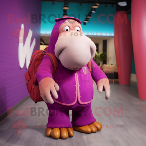 Magenta Walrus mascot costume character dressed with a Waistcoat and Backpacks