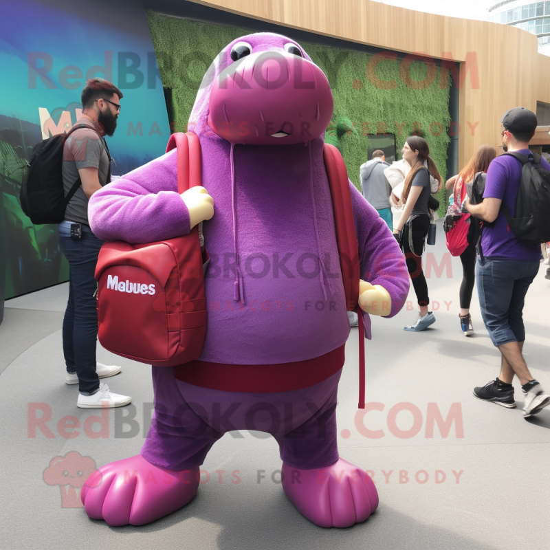 Magenta Walrus mascot costume character dressed with a Waistcoat and Backpacks