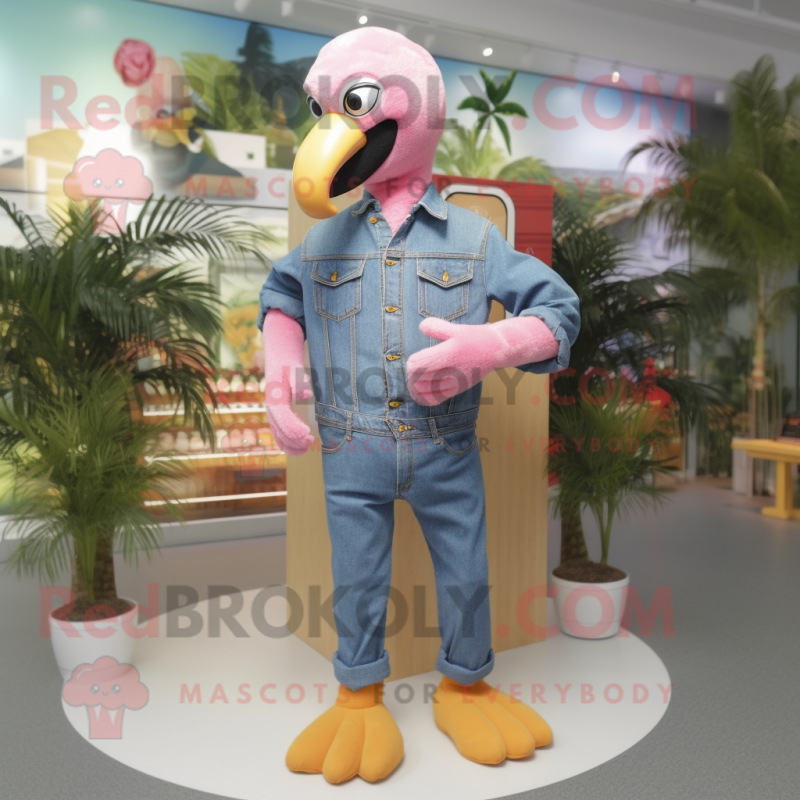 Peach Flamingo mascot costume character dressed with a Denim Shirt and Digital watches