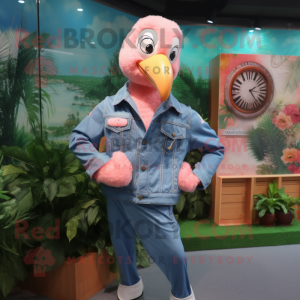 Peach Flamingo mascot costume character dressed with a Denim Shirt and Digital watches