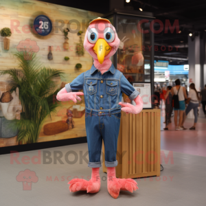 Peach Flamingo mascot costume character dressed with a Denim Shirt and Digital watches